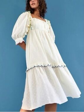 A-8 FARM Rio Off-White swiss dot Puff Sleeve Midi Dress